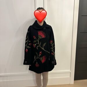 Covelo Wool Coat Womens Brown Floral Embroidered Silk Flowers Sz XL Art Wear